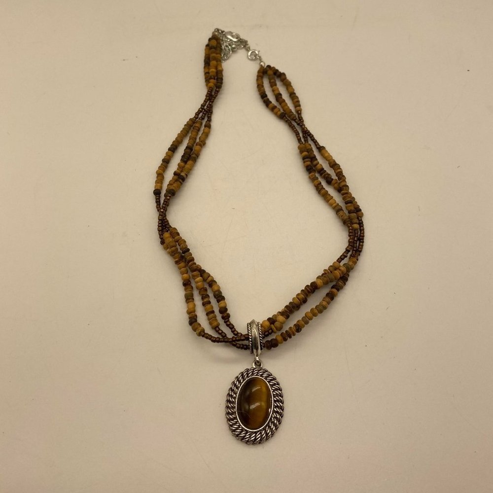 EUC Vintage Avon Tiger Eye Coconut & Seed Bead Triple Strand Necklace